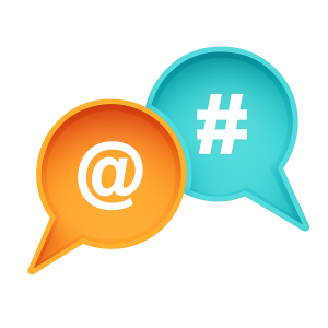 Two dialogue marks, one in light orange and the other in turquoise, featuring an at symbol and a hashtag symbol. Accessibility Training & Marketing
