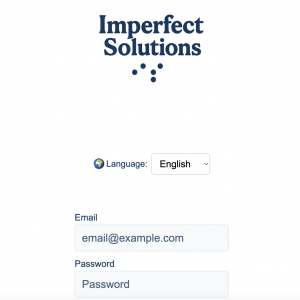 App front page with “Imperfect Solutions” in blue text, Braille initials I and S, and fields for email and password.