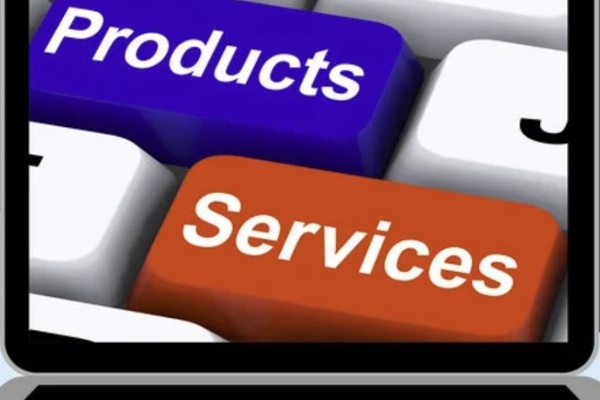 Illustration of a laptop screen showing two large keyboard keys labeled “Products” in purple and “Services” in orange, representing digital products and services.
